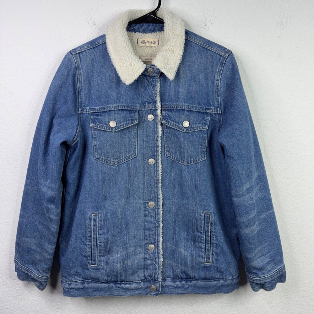 Madewell Denim Jacket Womens S Blue Cotton Sherpa Oversized‎ Trucker Streetwear